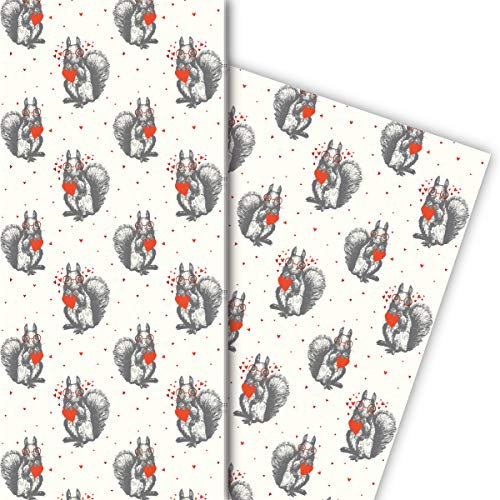 Kartenkaufrausch Romantische Winter Geschenkpapier Set mit Eichhörnchen und Herzen als liebevolle Geschenk Verpackung um schön zu schenken, 32 x 48cm zu Weihnachten, Nikolaus, Geburtstag