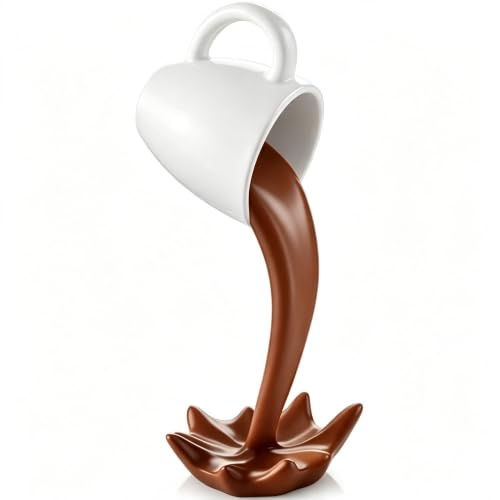 Schwimmende Tasse Skulptur Gießen flüssige Kaffeetasse, 3D Retro Kreative schwimmende Verschütten suspendierte Kaffeetasse Tasse Ornamente, Harz Kunst Dekor für Home Küche Wohnzimmer (Weiße & braun)