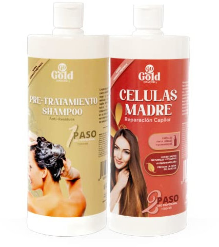 Gold DIAMOND - Kit de Células Madre (Grande, 1000 mL) - Alisado Brasileño Profesional - Reparación Capilar para cabellos Finos, Débiles y Quebradizos.