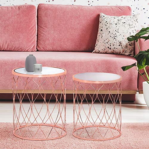 WOMO-DESIGN Beistelltisch 2er Set Chicago Ø40/Ø45cm, Kupfer, Unikat, handgefertigt aus Metall/Glas, Wohnzimmertisch mit Glasplatte verspiegelt und Metallgestell, Design Couchtisch Glastisch Sofatisch