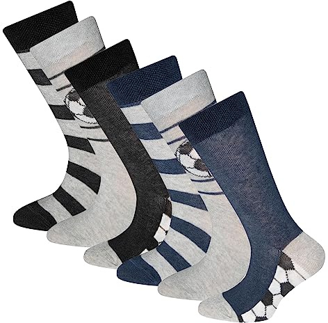 EWERS 6er-Pack Kindersocken Fussball - 6 Paar Socken für Jungen mit Fussball-Motiven, MADE IN EUROPE, Blau/Grau/Schwarz