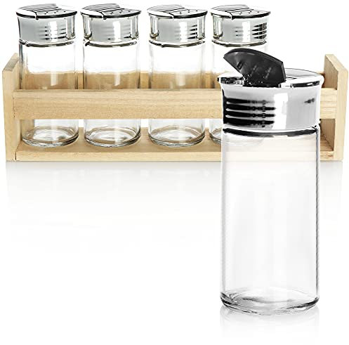 com-four® Juego de saleros y pimenteros de 6 piezas - tarros de especias con tapas de plástico sobre un estante de madera - saleros y pimenteros de diseño moderno (6 piezas - coctelera/estante)