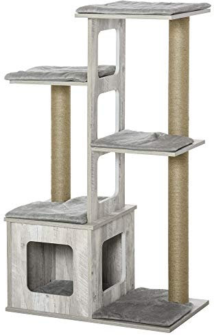 PawHut Árbol Rascador para Gatos 67x38,5x114 cm Torre de Escalada de Gatos con Cueva de Madera Múltiples Plataformas y Postes de Rascar de Yute Juego y Descanso Gris