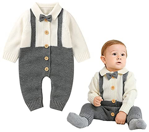 Loalirando Pagliaccetto Neonato Invernale 0-18 Mesi Tutina a Maglia Bimbo Gentleman Romper Colletto Risvoltato con Cravatta a Farfalla Regalo (Grigio, 0-3 Mesi)