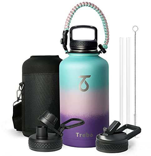 Thermosflasche mit Strohhalm 2L, Trebo Trinkflasche Edelstahl mit Paracord-Griff & 3 Deckeln, Edelstahl Trinkflasche Breites Maul Große Sportflasche Kalt halten 48 Stunden Wasserflasche, Hortensie