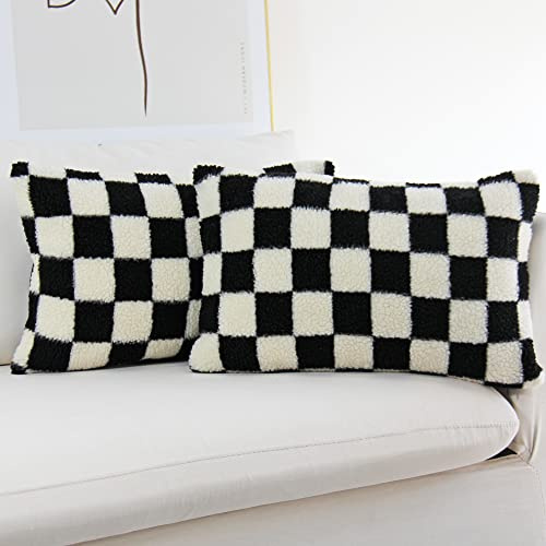 JOJUSIS 2er Set Luxus Kissenhüllen mit Rückenstütze, Super weicher Kunstfell- und Woll-Hussen, Rautenmuster, für Sofa Schlafzimmer (Schwarz, 30x50cm)