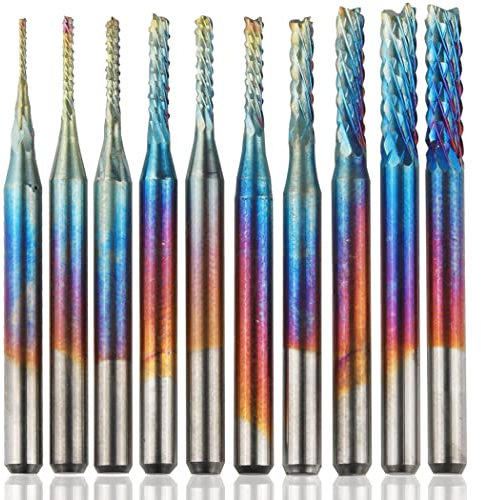 Treki 10pcs Jeu de Fraise Bavures CNC Carbure de Tungstène Nano Bleu, Tige 3MM Fraises en Bout pour Machine de Gravure Carte de Circuit Imprimé PCB SMT