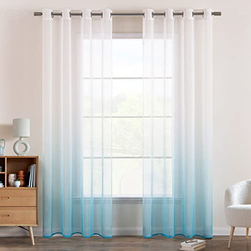 EMEMA Gardinen Transparent Vorhänge Voile Sheer Vorhang mit Ösen Farbverlauf Dekoschal Fensterschal für Schlafzimmer und Wohnzimmer 215 cm x 140 cm(H x B) 2er Set Weiß Blau