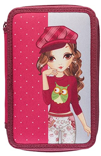 Idena 20119 - Schüler-Etui Triple mit 3 Reißverschluss-Fächern und mit 47 Teilen befüllt, Design Girl, Federmappe mit Bunt-Stiften, Lineal, Bleistiften und weiterem Zubehör für Schule