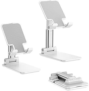 WKBYTUXR Fold Phone Stand for Desk, Portable Phone Holder Stand with Weighted Non-Slip Base, Angle & Height Adjustable, Fully Foldable Tablet Stands for Home and Office, for All Mobile Phones