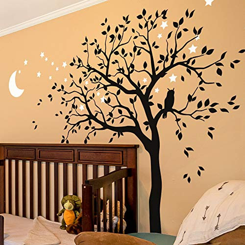 Studio Quee Baum Wandaufkleber mit Eule, Mond und Sternen Kinderzimmer Wandbild Dekoration 088 (Äste nach links, Schwarz, Weiß)