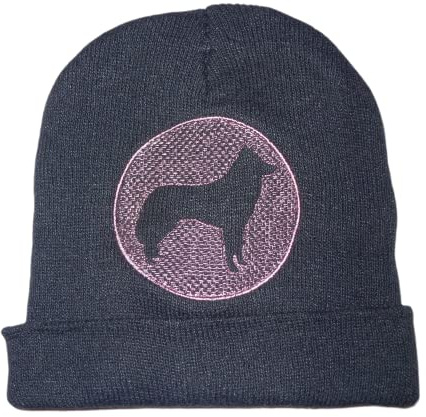 Generisch Damen Herren Winter Strick Mütze Beanie Schwarz mit Hund Deutscher Schäferhund 3D Effekt Bestickt