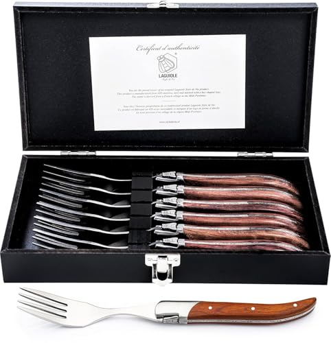 Laguiole Style de Vie Gabeln Luxury Line - 6-teilig, Rose Pakkaholz | 6 Tischgabeln aus Edelstahl mit rotem Pakkaholzgriff; 2,5 mm stark, elegant für Dinner und passend zu Messern und Löffeln