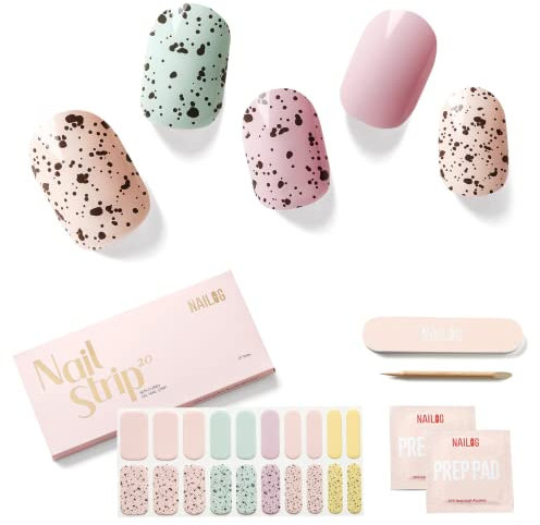 NAILOG Semi Cured Gel Nail Strips Glossy & Long Lasting Soft Gel Finish (20 Extra Long Stickers) | Wraps,Pastel Quail Eggshell