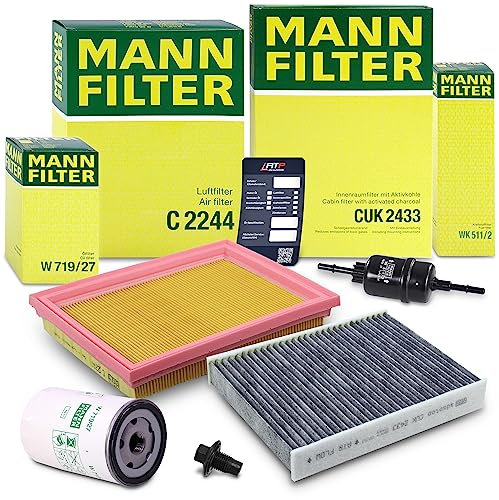 MANN-FILTER Inspektionspaket Filterset 1x Ölfilter, 1x Luftfilter, 1x Innenraumfilter (Aktivkohlefilter), 1x Kraftstofffilter, 1x Ölablassschraube Kompatibel mit FORD FIESTA Mk5, FUSION (JU_)