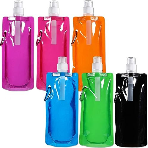 SIGANDG Faltbare Wasserflasche,480ML faltbare Wasserflasche,Wiederverwendbare Wasserflasche Ohne BPA,Faltbarer Wasserbeutel Mit Clip, Reisen, Fahrradfahren, Wandern, Ausflug,Camping(6 Teile)