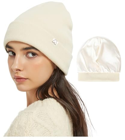 Hat Hut Unisex Slouch Beanie Satin Gefütterte Wintermütze Strickmütze für Haar, Warme Satin Lined Beanie Mütze für Damen Herren (DE/NL/SE/PL, Alphanumerisch, Einheitsgröße, A1-Beige)