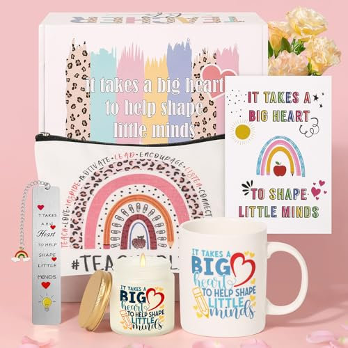 Teacher Appreciation Gift Basket with Coffee Cups, Makeup Bags, Scented Candles for Christmas