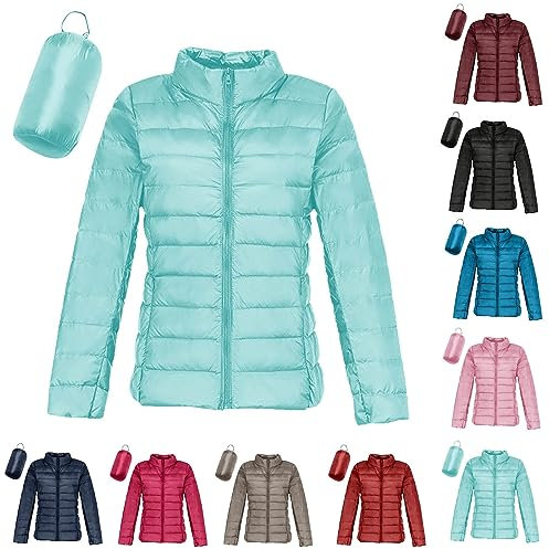 Veste chaude et légère pour femme Manteau d'hiver coupe-vent sans capuche avec isolation recyclée Manteau d'hiver fin et court avec capuche Manteau en duvet de canard blanc chaud (Menthe verte, M)