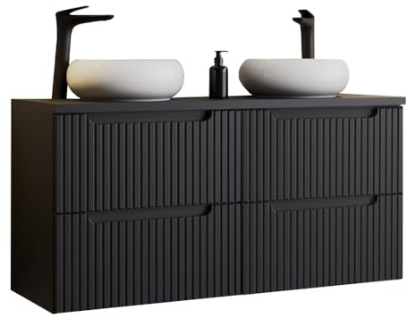 Lomadox Badezimmer Waschtisch Doppelwaschtisch 120cm mit Aufsatzwaschbecken, schwarz mit gerillter Front