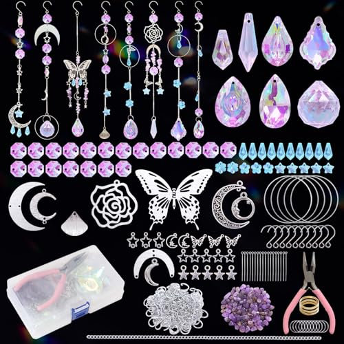 UXORSN 367 Stück Kristall Sonnenfänger Machen Set DIY Suncatcher Bastelset für Erwachsene Silber Schmetterling Sterne Mond Anhänger Kristalle Hängende Prismen für Fenster Hochzeit Garden Decor