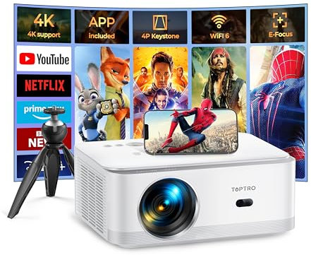 Proyector【Android TV】, Proyector 4K Soporte, 26000Lúmen Proyector Bluetooth WiFi Full HD 1080P Nativo, TOPTRO Proyector Cine En Casa HDMI USB, Enfoque Eléctrico 4P Corrección, Zoom 50% con Trípode
