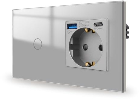 JIMEIDA Interruptor de luz táctil con enchufe, 20 W, carga rápida con puertos USB (USB A y tipo C) gris, 1 vía, panel de cristal e interruptor de pared LED de estado, no requiere cable neutro, 157 x