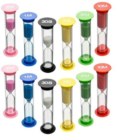 12 relojes de arena de colores 30 segundos 1 minuto 2 minutos 3 minutos 5 minutos 10 minutos pequeño temporizador adecuado para la escuela infantil, la oficina, la limpieza dental para niños,