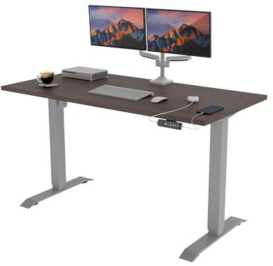 POKAR Höhenverstellbarer Schreibtisch Höhenverstellbar Elektrisch Bürotisch mit Tischplatte (Silber + Eichen Davos, 140 x 80)