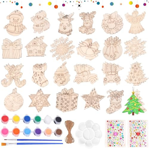 YeahBoom 52 pièces Noël Bricolage Bois, Pendentifs en bois à peindre Noël, DIY décoration de Noël en bois, Bricolage en bois pour enfants, pinceau coloré, pour DIY enfants peinture décoration