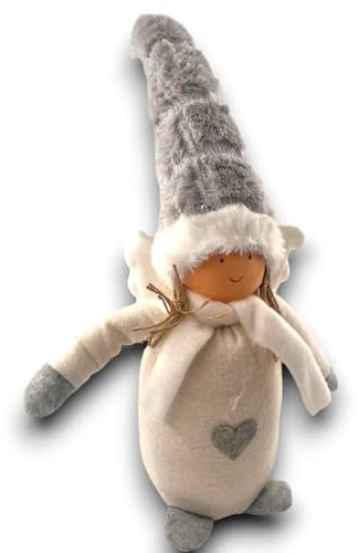 Elfo Fatina Nordico 50 cm Bianco con Cappello Peluche Grigio, Gnomo Scandinavo Decorazione Natalizia in Stile Nordico per Casa e Albero di Natale, Gnomo fermaporta Soffice Sciarpa - Regali di Natale