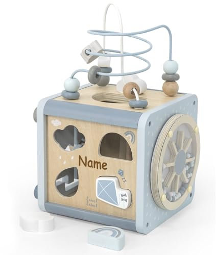 Elefantasie Motorikwürfel aus Holz Aktivitätswürfel für Babys, Motorikschleife personalisierbar mit Namen, ab 18 Monaten (Blau)