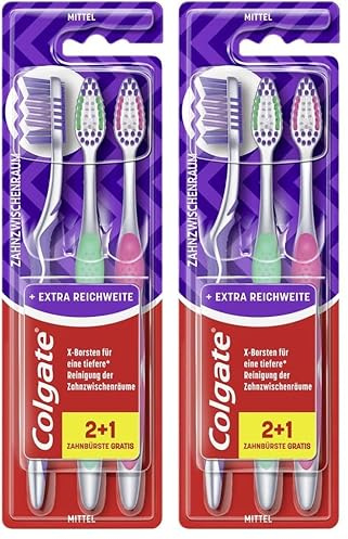 Colgate Zahnbürste Flex Zone, mittel, 3 Stück - Handzahnbürste für schonende Zahnreinigung (Packung mit 2)