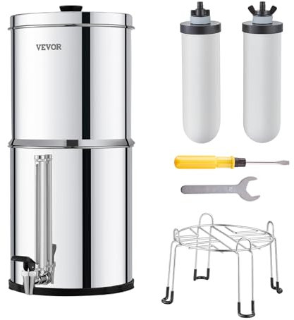 VEVOR Système de Filtration d'Eau par Gravité 8,5 L, Filtre à Eau par Gravité Réduction du Plomb et jusqu'à 99% du Chlore, en Inox 304, 2 Filtres à Charbon et Céramique, Niveau d’Eau, Robinet