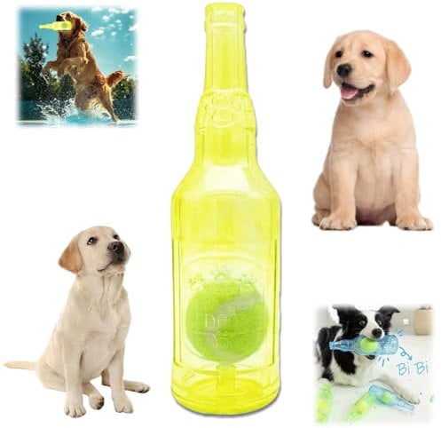 Crunch Play Bottle Toy,Bottle Toys for Dogs with Tennis Ball,Interactive Toys for Dogs,Squeaky Dog Interactive Play Toy,Ball in A Bottle Dog Toy,Water Bottle Dog Toy,Plastic Bottle Dog Toy,Yellow