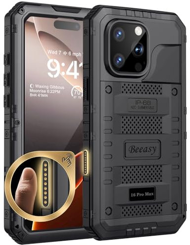 Beeasy for iPhone 16 Pro Max Case Waterproof Heavy Duty Metal Armour Cover Shockproof Dustproof Built-in Screen Protector, Robust Full Body Protective Military Rugged Case for 16 Pro Max, Black