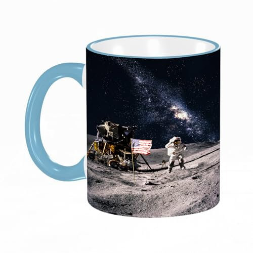 YOIUE Tasse aus Keramik - Große 11oz Tassen 330ml Kaffeetassen mit Henkel, 100% Handbemalt - Trinkgläser mit Griff - Weiß,Galaxie, Astronaut auf der felsigen Oberfläche des Mondes USA Flagge USA Rake