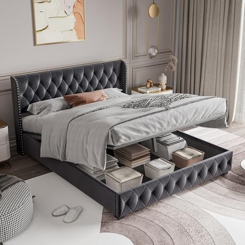 Bett mit Bettkasten, 140 x 200 cm mit Lattenrost, gepolstertes Bett, aus Samt, Doppelbett mit Stauraum, gepolstertes Doppelbett, Kontinentalbett, Grau (140 x 200 cm)