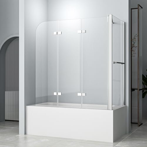 Duschabtrennung für Badewanne 120x140 cm mit Seitenwand für 75 cm, 3-teilig Faltbar mit 6mm ESG Glas NANO einfach-Reinigung Beschichtung, Seitenwand mit Handtuchhalter