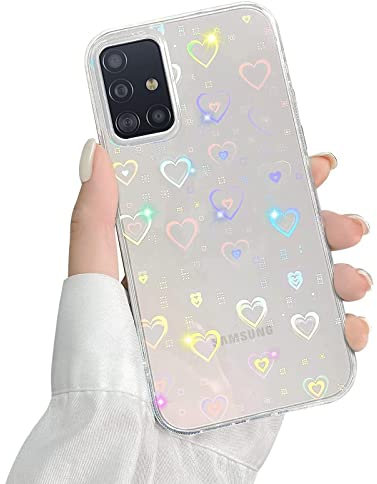 QUESPLE Kompatibel mit Samsung Galaxy A51 Hülle Transparent Glitzer Herz Muster für Frauen Mädchen Mode Weiche Langlebige Schlanke TPU Handyhülle, Hart PC Rückseite Kratzfest