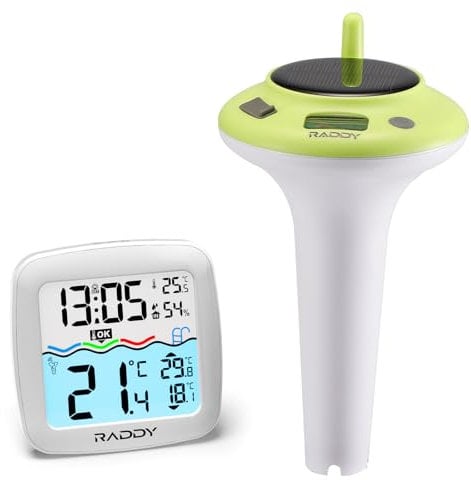 Raddy PT-5 TN Poolthermometer Schwimmend, Leicht Ablesbar, IPX8, Solar- & Akku-Betrieb, Digitalthermometer mit Innenraum-Temperatur- & Feuchtigkeitsanzeige für Pools, Whirlpools, Teiche, Spa