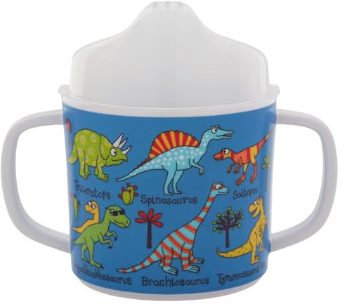 Tyrrell Katz Two-Handled Sippy Cup for Toddlers, Free Flow (No Valve), Removable Lid for Transition to Open Beaker, Anti-Slip Base, BPA Free, Detailed Dinosaur Illustrations