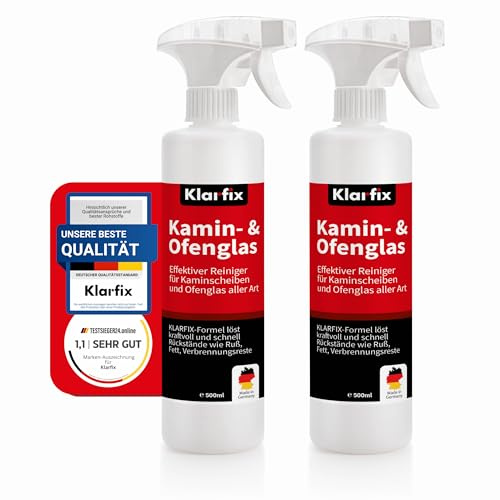 Klarfix Kamin- und Ofenglasreiniger | Entfernt Ruß, Fett, Verbrennungsreste, Teer, Schmutz und Staub | Ideal für Kamine und Öfen aller Art | Kraftvolle Reinigung und materialschonend (2x 500ml)