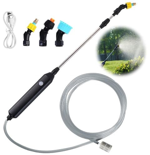 HIULLEN Akku Drucksprüher, Elektrischer Pflanzensprüher, Gartensprüher Sprühlanze mit 3 Verstellbar Düsen und 5m Schlauch, Wiederaufladbarem und Tragbarer Sprühstab für Garten Terrasse Rasen Unkraut
