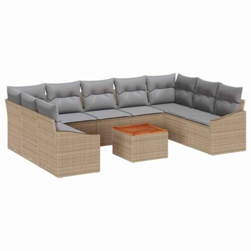vidaXL 10-teiliges Garten-Sofa-Set mit Kissen in Beige, aus Poly-Rattan und Akazie. Wetterfestes Outdoor-Möbel für Terrasse und Lounge. Modulare Anordnung für den Hinterhof.
