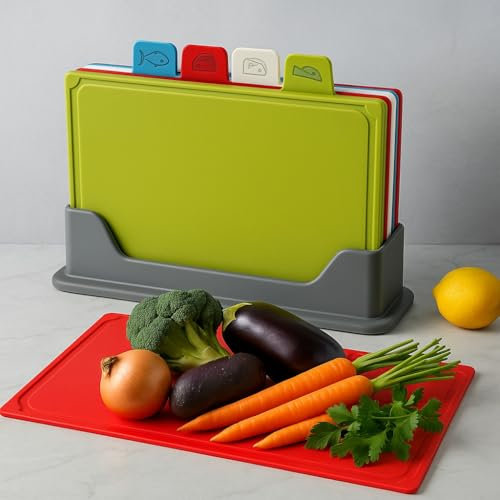 4-Piece Non-Slip Chopping Board Set with Holder - Color Coded Plastic Cutting Boards for Kitchen (BPA-Free/Dishwasher Safe) - Complete with Food Safety Icons & Juice Grooves