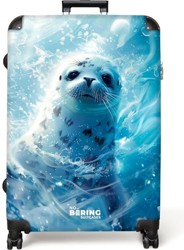 NoBoringSuitcases© Koffer Kinder Groß Reisekoffer Kinderkoffer 4 Rollen | 77x51.5x28 cm - Leicht Kindertrolley XXL Reise Hartschalenkoffer Robbe - Meer - Blau