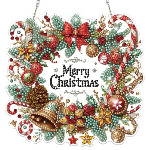 Lxmsja Weihnachtskranz Diamond Painting Anhänger, 5D Weihnachten Diamond Painting Fensterbilder für Erwachsene Kinder, Bastelset Kreativ Set, Hängend Ornament Tür Fenster Wand Eingang Decor