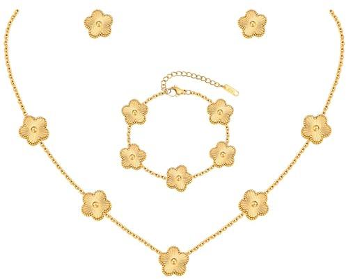 TempBeau Kleeblatt Schmuckset Damen mit Halskette, Armband und Ohrringen | Halskette, Armband und Ohrstecker im Kleeblatt Design, Wendeanhänger, Geschenkbox