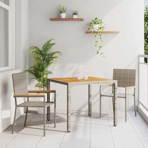 Teenpull Garten Essgruppe 3-teilig, Grau Poly-Rattan, Outdoor Esszimmer Set mit Glastisch, Robust, Wetterfest für Terrasse Balkon